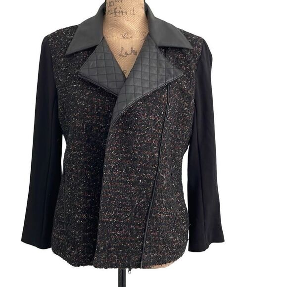 EUC Bailey 44 Nordstrom Tweed Faux Leather Quilted Collar Trim Moto Jacket Size - Picture 5 of 11